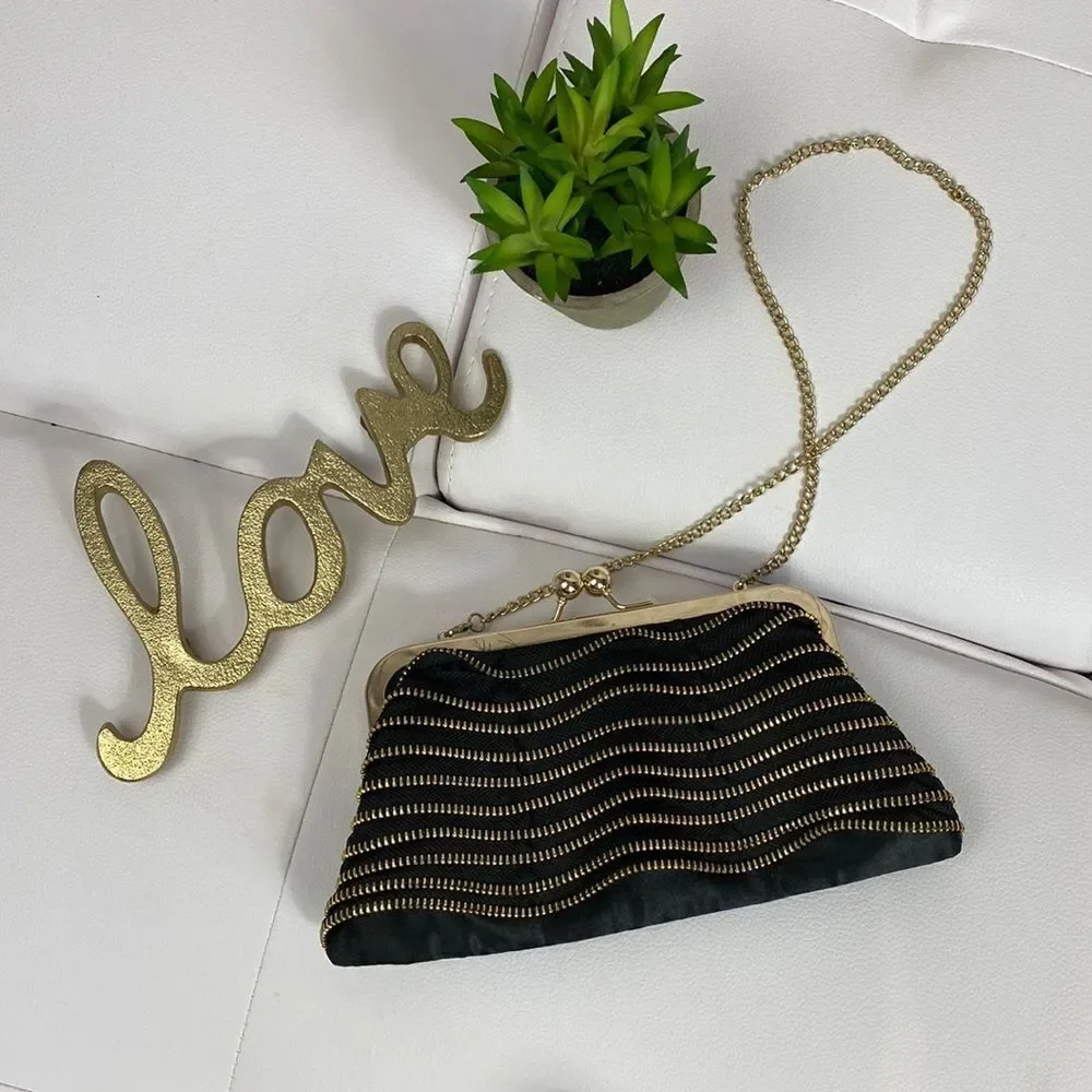 Ruffled Zipper Evening Bag Clutch Black Gold with Strap